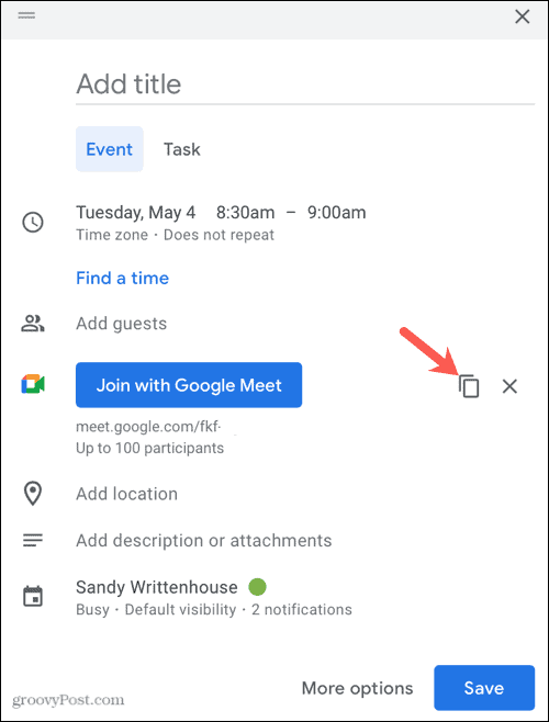 Копирайте връзката Google Meet