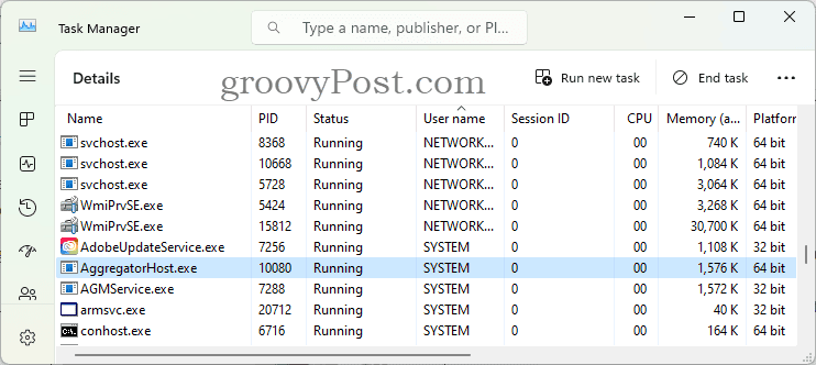 AggregatorHost.exe работи във фонов режим, както се вижда в диспечера на задачите