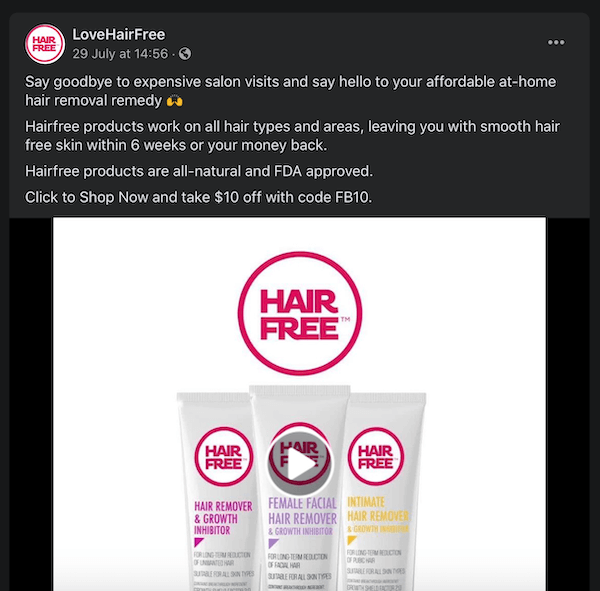 пост във facebook от lovehairfree, отбелязвайки продуктите им за епилация, като ги сравнява със скъпите посещения в салона
