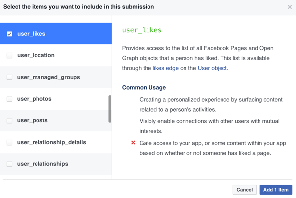 Изберете кои елементи искате да включите във вашето приложение за Facebook.