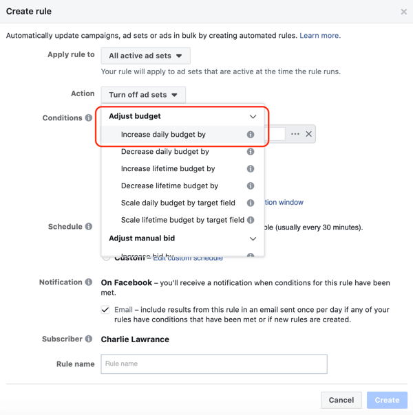 Използвайте автоматизирани правила на Facebook, увеличете бюджета, когато ROAS е по-голяма от 2, стъпка 1, задайте действие