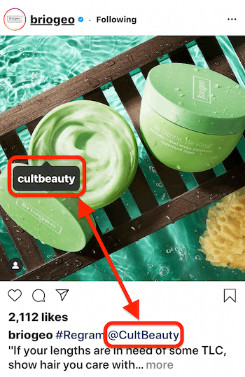 Instagram публикация от @briogeo, показваща етикет за публикация и надпис @mention за @cultbeauty, чийто продукт се появява на изображението