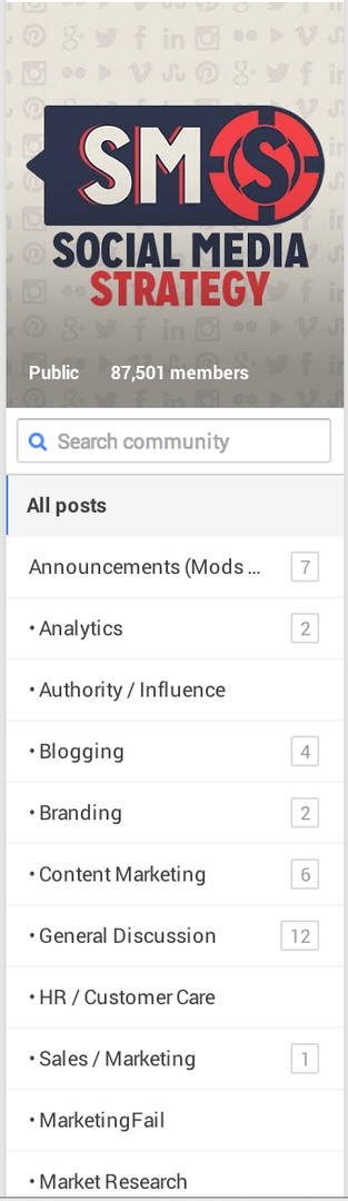google + списък с категории за дискусии