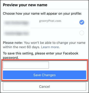 Потвърждаване на промяна на името на Facebook в мобилното приложение