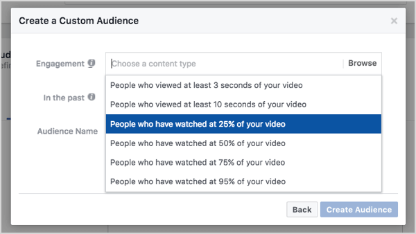 Персонализирана аудитория във Facebook въз основа на 25% гледания на видео.