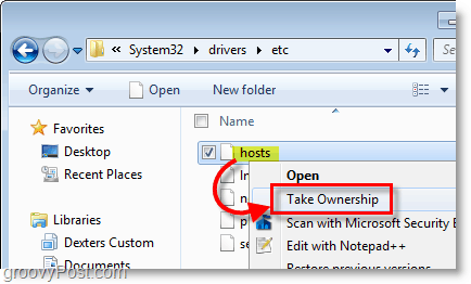 Снимка на Windows 7 - използвайте контекстното меню с десен бутон, за да вземете собственост върху всеки файл в Windows 7