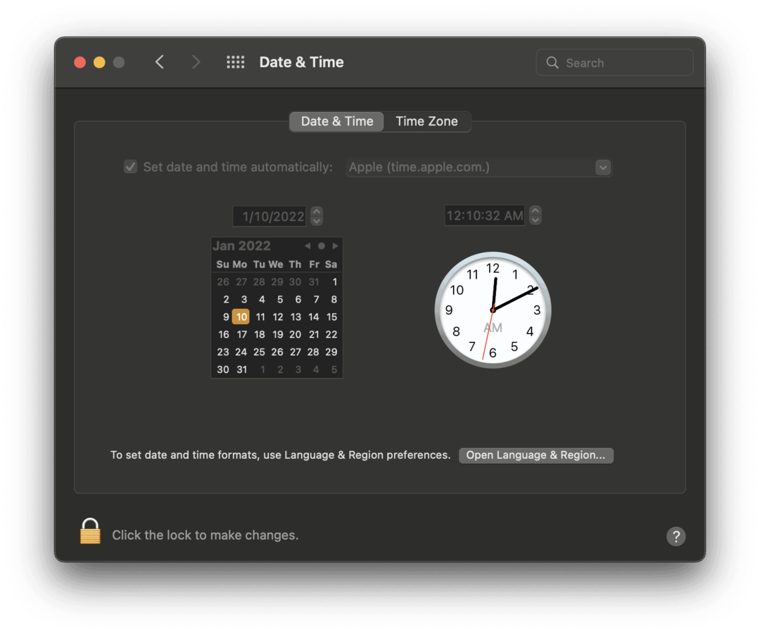 Екранът за дата и час в системните предпочитания