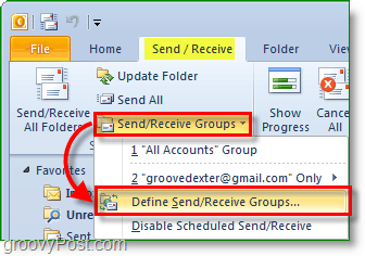 Екранна снимка на Outlook 2010 - изпращане и получаване на групи - дефиниране на групи