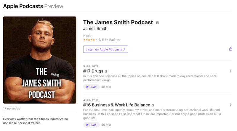 Маркетингова стратегия в социалните медии; Екранна снимка на подкаста на Джеймс Смит в Apple Podcasts. Джеймс е добре познат инфлуенсър във фитнес пространството.