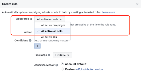 Използвайте автоматизирани правила на Facebook, спрете рекламния набор, когато разходите са два пъти по-големи и по-малко от 1 покупка, стъпка 1, се прилага за всички рекламни комплекти