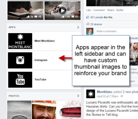 социални приложения в лявата странична лента на facebook страницата