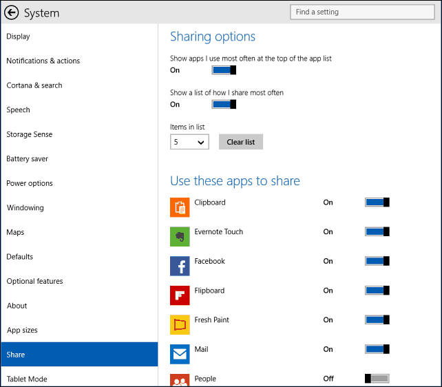 опции за споделяне Windows 10