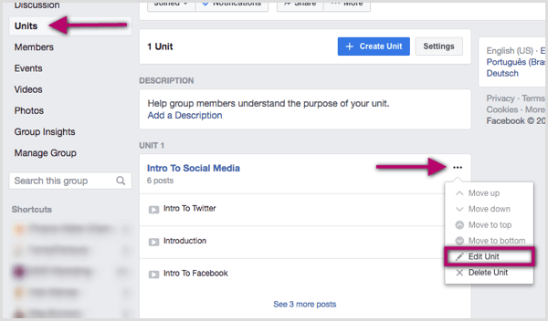 Кликнете върху трите точки вдясно от груповия блок на Facebook, който искате да редактирате.