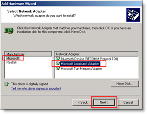 Windows Add Hardware Wizard: Add Loopback Network Adapter