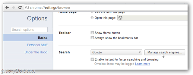 опции за основи на Google Chrome