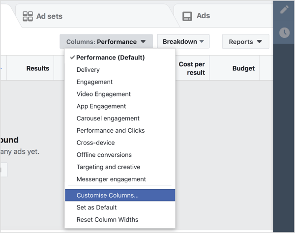Придвижете се до таблото за управление на Facebook Ads Manager и изберете Персонализиране на колони от падащото меню Колони.