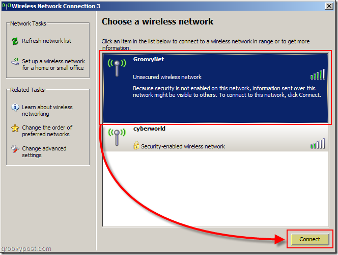 Меню на Windows XP, за да изберете снимка на безжична мрежа:: groovyPost.com