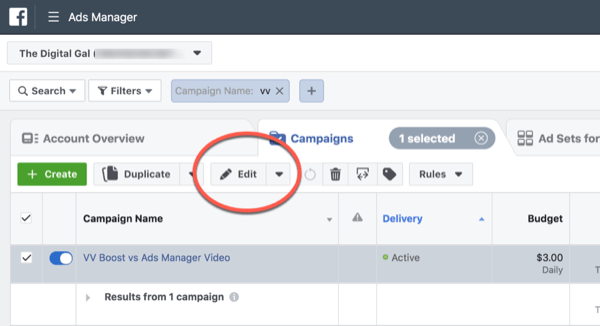 Facebook ThruPlay Оптимизация за редактиране на кампания с 10-секундни изгледи, стъпка 1.
