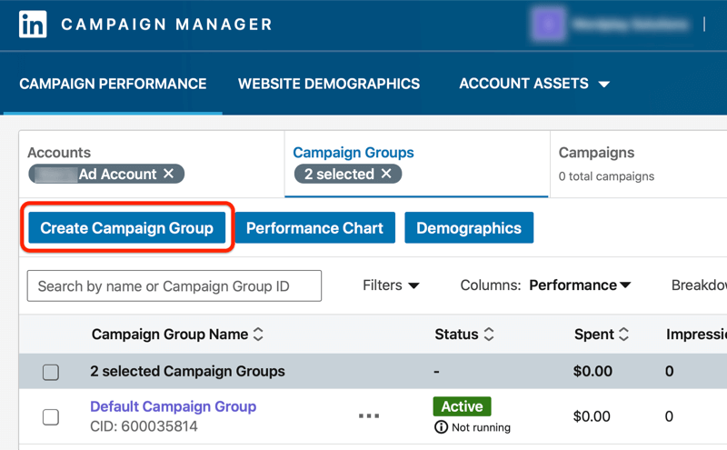 табло за управление на linkedin кампания с маркиран бутон за създаване на група кампании