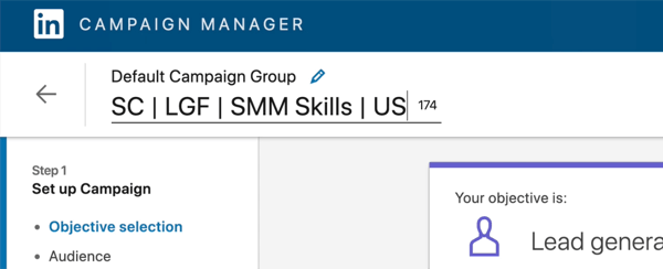 екранна снимка на името на кампанията в LinkedIn, редактирана така, че да казва „SC | LGF | Умения за SMM | НАС'