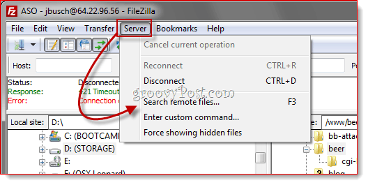 Отдалечено търсене на файлове FTP FileZilla