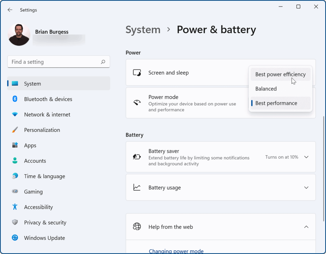 Режимът на захранване на Windows 11 подобрява живота на батерията в Windows 11