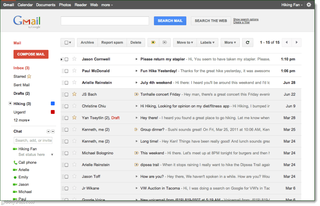 Изглед на входящата поща на Gmail, тема за визуализация