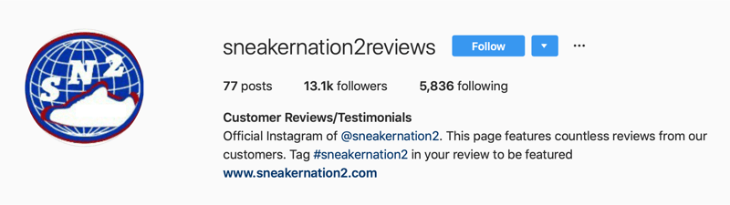 вторичен акаунт в Instagram за рецензии на SneakerNation2