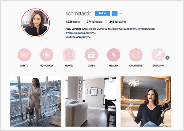 Профилът на Amy Landino в Instagram използва дръжката schmittastic. Нейният профил в Instagram показва подчертани категории за AmyTV, Picmonkey, Travel, Dates, Health, Columbus и Speaking. Снимките показват снимки на Ейми.