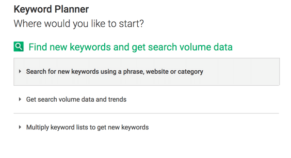 Щракнете върху първата опция за търсене на нови ключови думи в Планировчик на ключови думи.