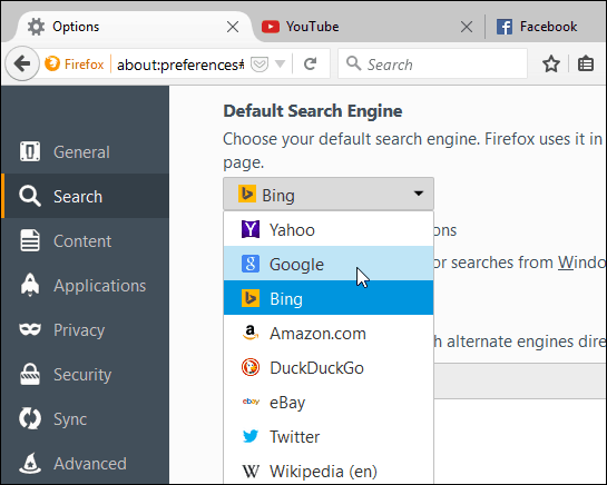 задайте търсачка Firefox