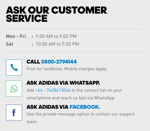 В допълнение към телефонен номер, Adidas включва връзки WhatsApp и Facebook Messenger за опции за грижа за клиентите.