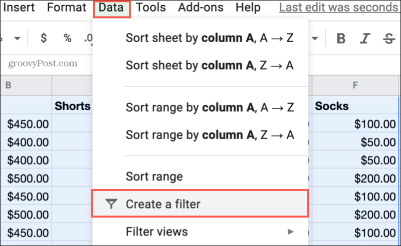 Създайте филтър в Google Sheets