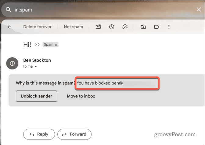 Пример за блокиран имейл в Gmail