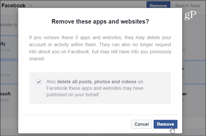 Проверете Facebook премахване на уебсайта на приложението