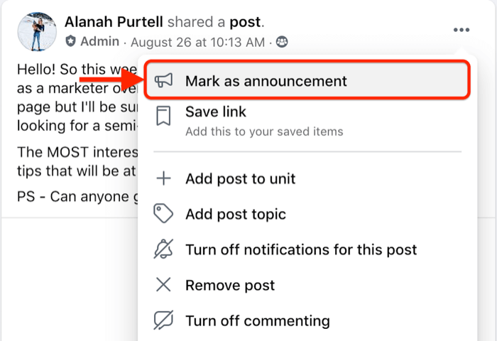 опция от менюто на група за публикации във facebook, за да маркирате конкретна публикация като съобщение