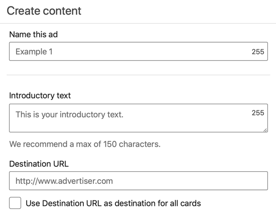 Как да създадете реклама на въртележка за генериране на олово, стъпка 3, задайте име на рекламата, текст и URL адрес