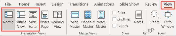 Нормален изглед на PowerPoint, Очертание и Сортиране на слайдове