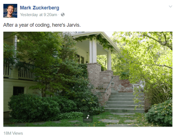 В поредица от видео публикации на публичната си страница Марк Зукърбърг дебютира Jarvis, нова лична система за изкуствен интелект, използваща инструменти на Facebook, подкани на естествен език и разпознаване на лица.