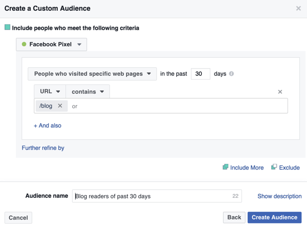 Създайте Facebook персонализирана аудитория от посетители на началната страница на вашия блог.