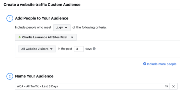 Създайте потребителски посетители на потребителски уебсайтове, подобни на аудитория във Facebook, стъпка 1.