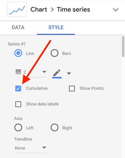 Използвайте Google Data Studio, за да анализирате рекламите си във Facebook, стъпка 24, настройка на стила на диаграмата за кумулативна линия с данни