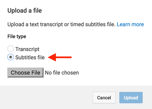 Изберете Файл на субтитрите и след това отидете до SRT файла, който сте създали за видеоклипа си в YouTube.