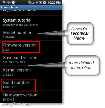 андроид фърмуер и номер на изграждане, номер на модела също