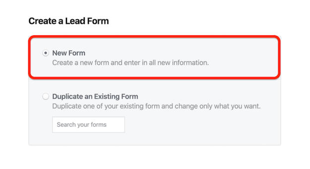 Опция за нов формуляр във Facebook Създайте прозорец за водещ формуляр