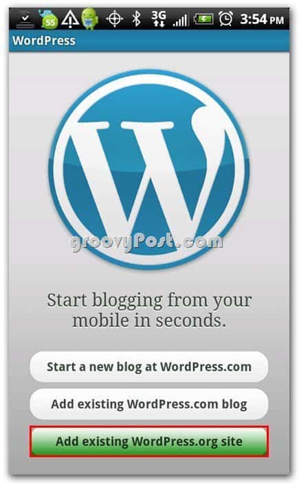 Wordpress в менюто за настройка на Android - Добавете съществуващ уеб сайт