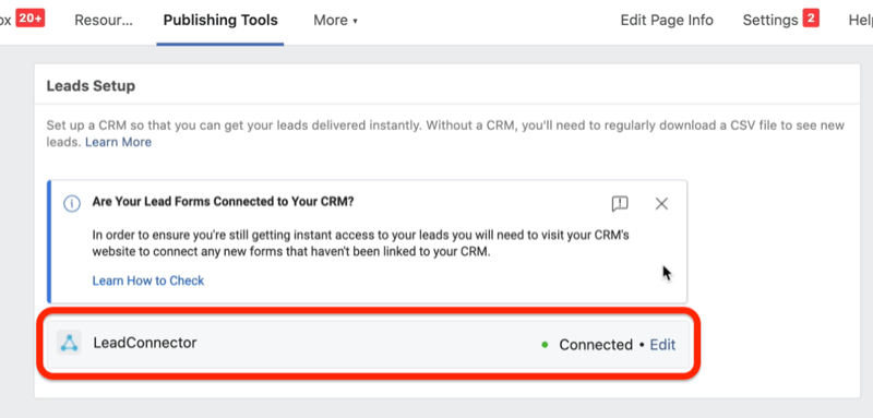 Опция за формуляр за водещи реклами във facebook за свързване на leadconnector в менюто за настройка на потенциални клиенти в раздела с инструменти за публикуване, за да позволите на вашия CRM незабавен достъп до потенциалните клиенти на вашата рекламна кампания
