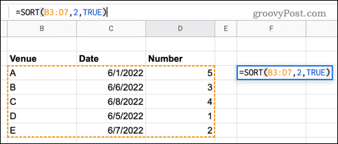 Използване на функцията SORT в Google Sheets