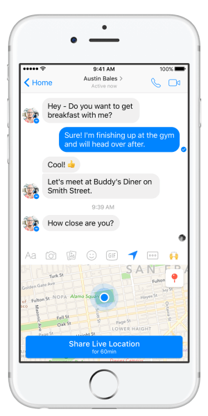Facebook Messenger представя функцията за местоположение на живо.