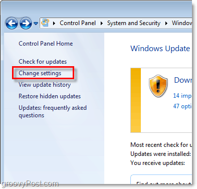 Windows 7 - Снимка на екрана за връзка за конфигурация на актуализация на Windows
